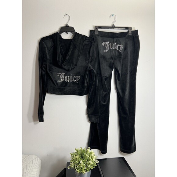 NWT JUICY COUTURE Velour Bling Tracksuit Hoodie/Pants Black Size Small Y2K - Picture 1 of 6